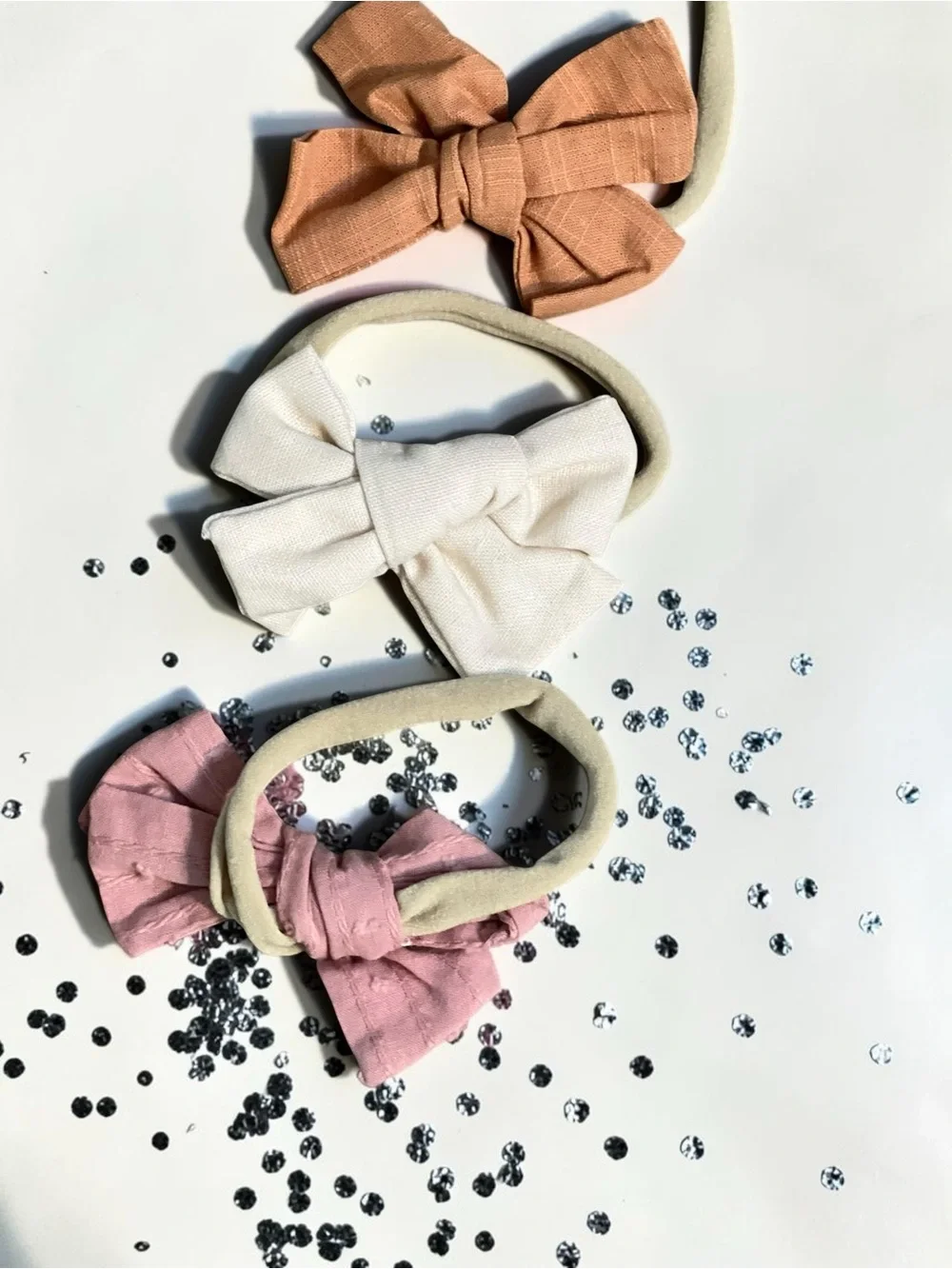 Handmade Baby Hair Bows Set of 3 | Stretchy Nylon Headbands | Soft Linen Texture